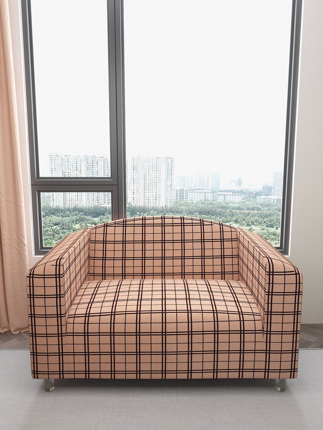 DREAM CARE Beige & Black Checked Water Proof Stretchable 2-Seater Sofa Cover