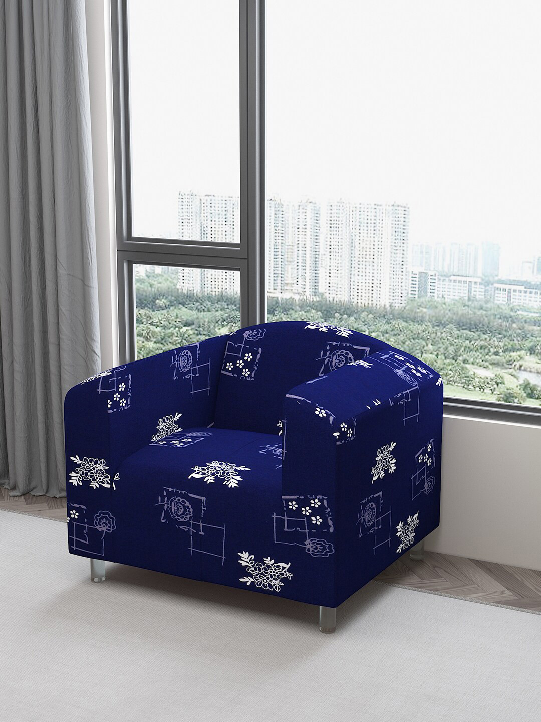 DREAM CARE Blue & White Printed Water Proof 1-Seater Sofa Cover