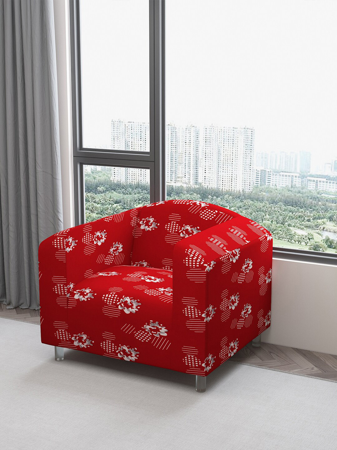 DREAM CARE Red & White Floral Printed Waterproof & Flexible 1-Seater Sofa Cover