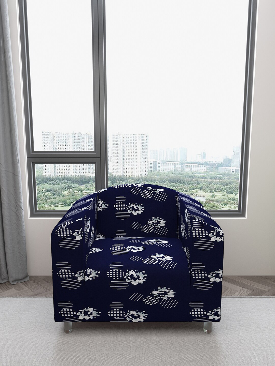 DREAM CARE Blue & Grey Floral Printed Waterproof & Flexible 1-Seater Sofa Cover