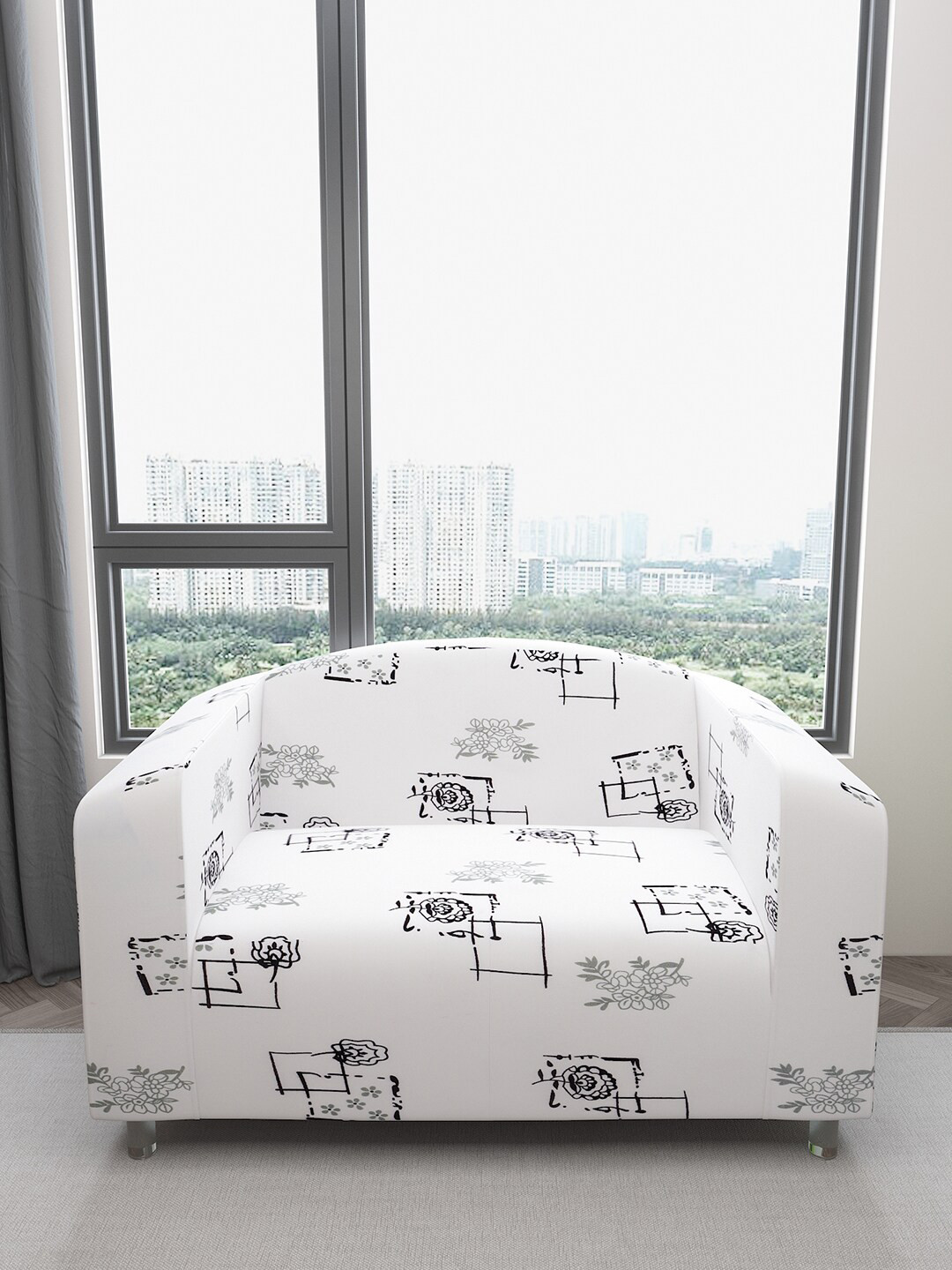 DREAM CARE White & Grey Floral Printed Waterproof & Flexible 2-Seater Sofa Cover