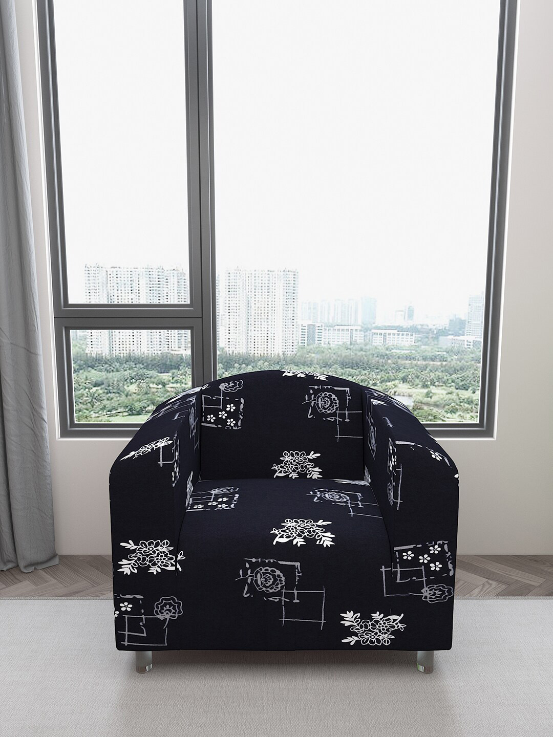 DREAM CARE Black & White Printed Water Proof One Seater Flexible Sofa Cover With Arms