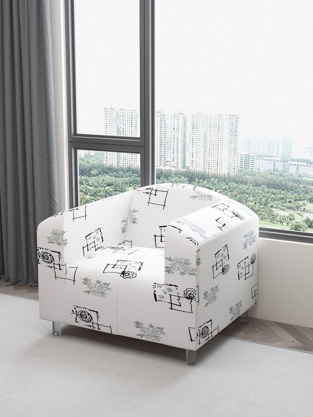 DREAM CARE White & Black Printed Waterproof 1-Seater Sofa Cover With Anti Slip Foam Sticks