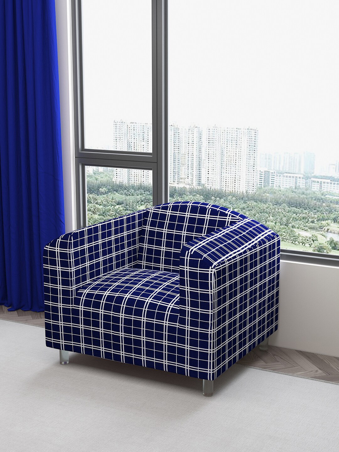 DREAM CARE Blue & White Checked Waterproof & Flexible 2-Seater Sofa Cover