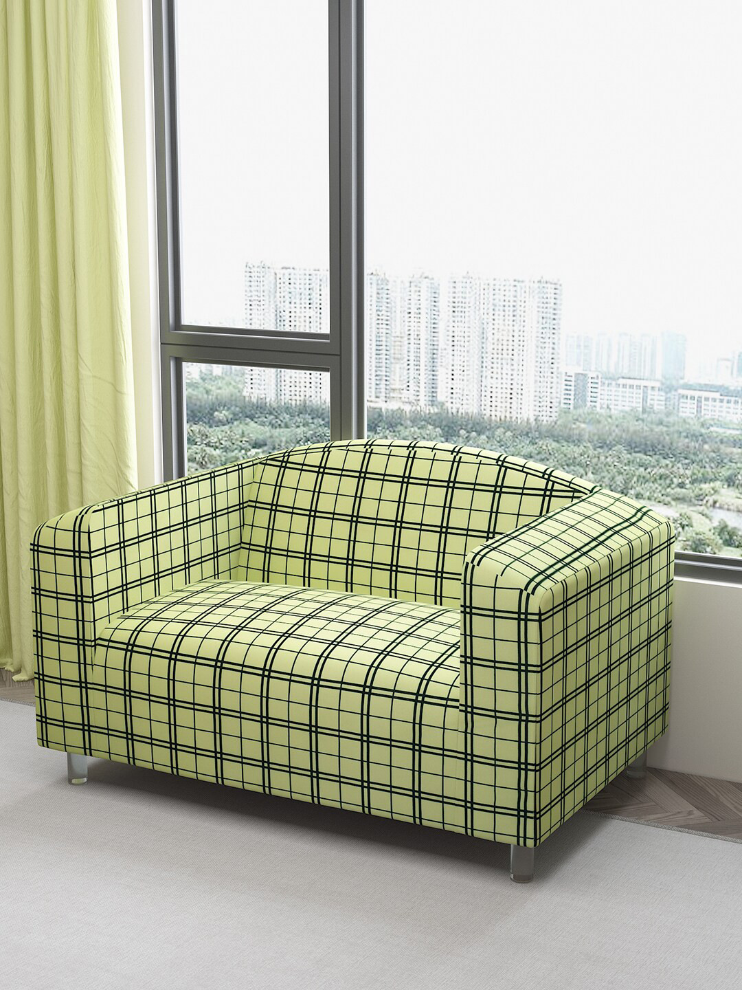 DREAM CARE Green Checked Two Seater Flexible Sofa Cover With Arms