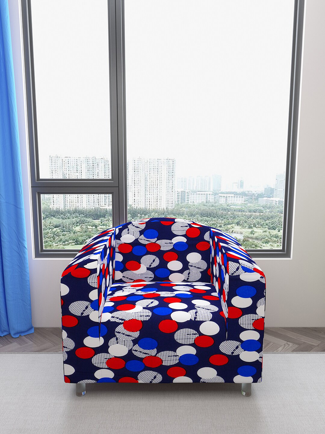 DREAM CARE Blue & Red Printed One Seater Flexible Sofa Cover With Arms