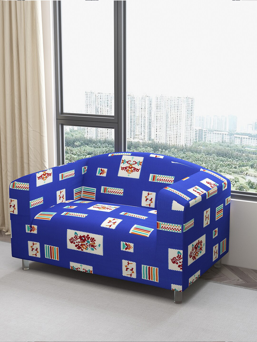 DREAM CARE Purple & Cream-Colored Printed Waterproof & Flexible 2-Seater Sofa Cover