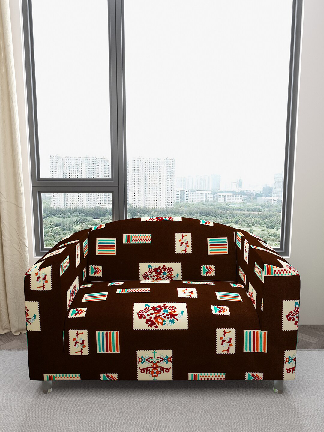 DREAM CARE Brown & Cream-Colored Printed Two Seater Flexible Sofa Cover With Arms