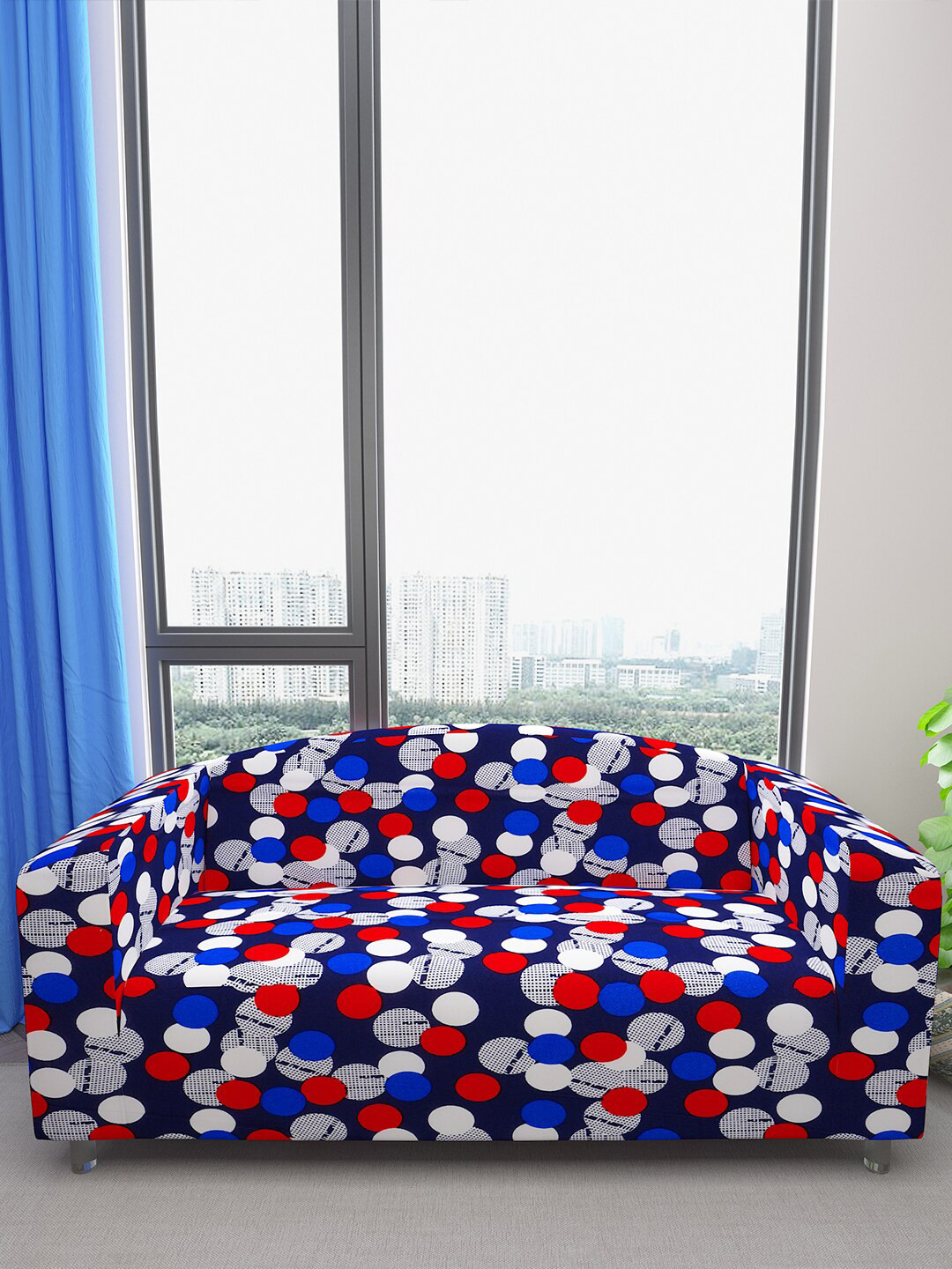 DREAM CARE Blue & Red Printed Three Seater Flexible Sofa Cover With Arms