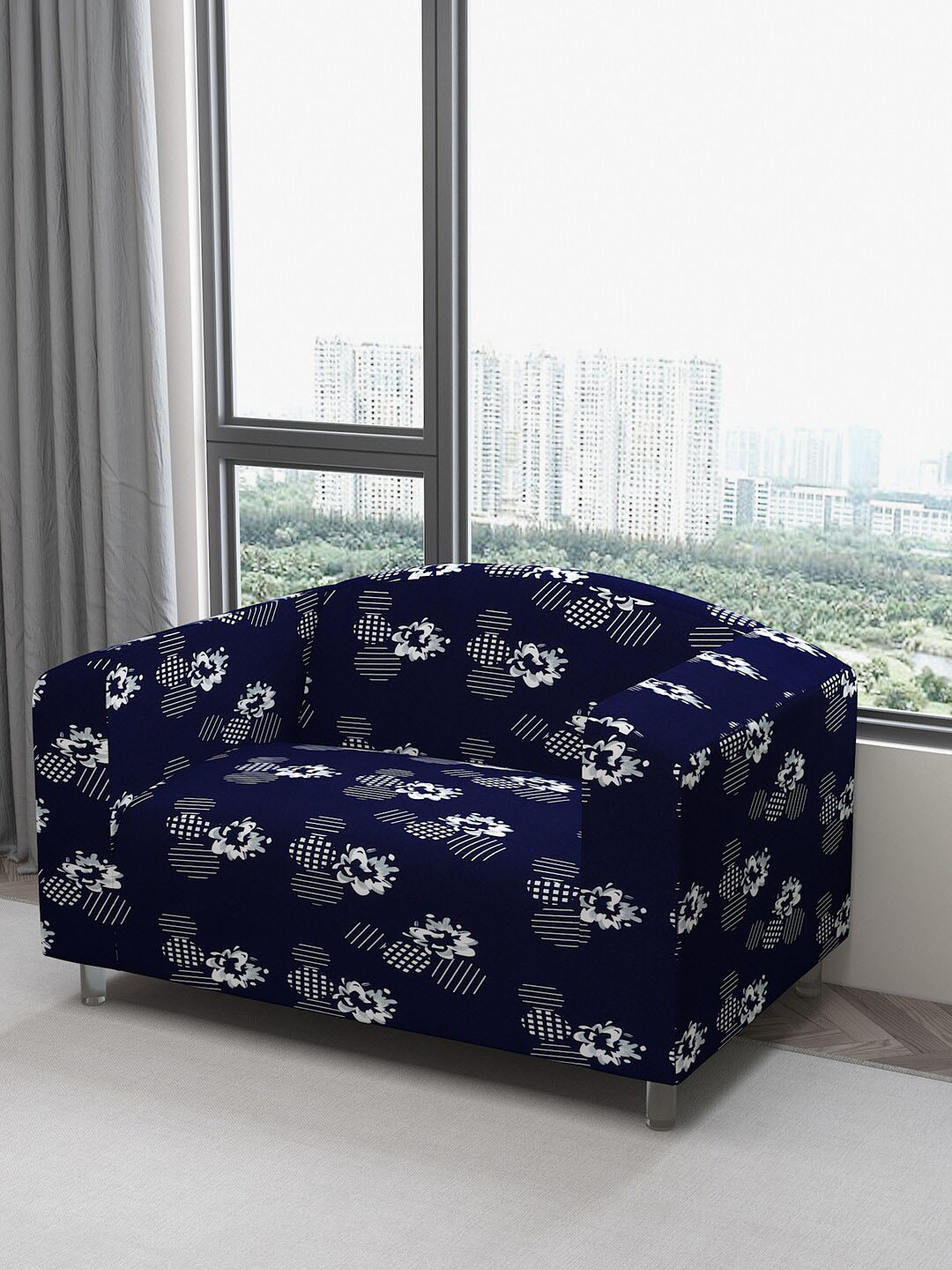 DREAM CARE Blue & Grey Floral Printed Waterproof & Flexible 2-Seater Sofa Cover