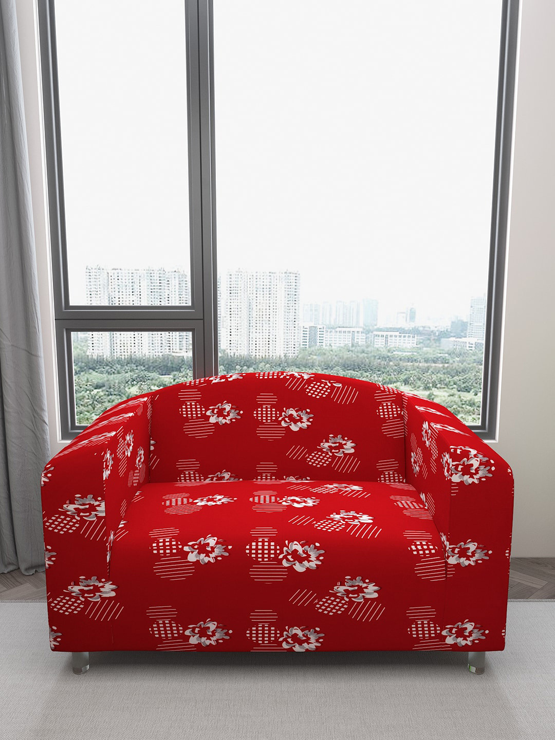 DREAM CARE Red & White Floral Printed Waterproof & Flexible 2-Seater Sofa Cover