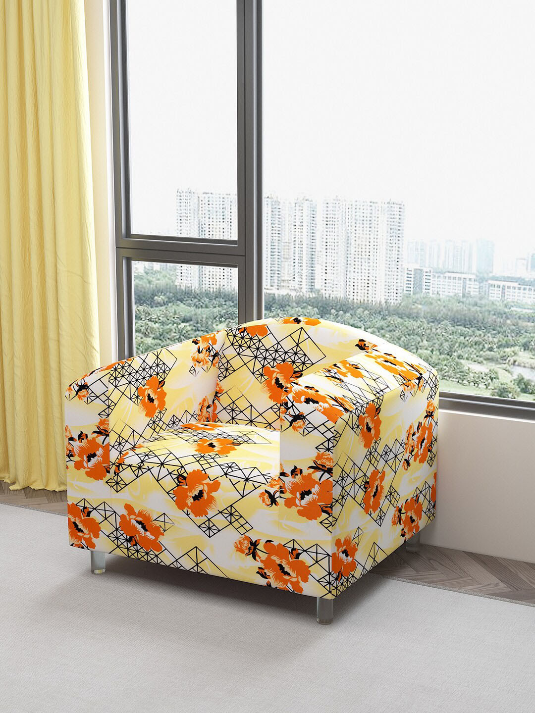 DREAM CARE Yellow & Orange-Colored Floral Printed Waterproof & Flexible 1-Seater Sofa Cover