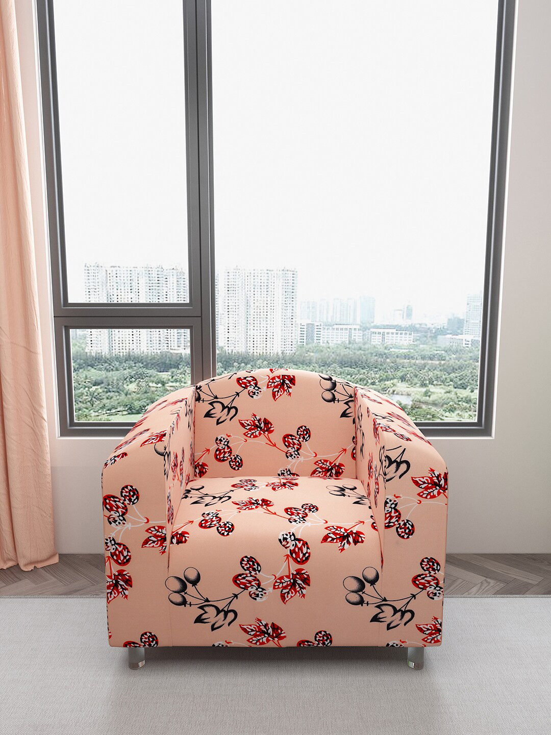 DREAM CARE Orange-Colored & Red Printed Waterproof 1-Seater Sofa Cover