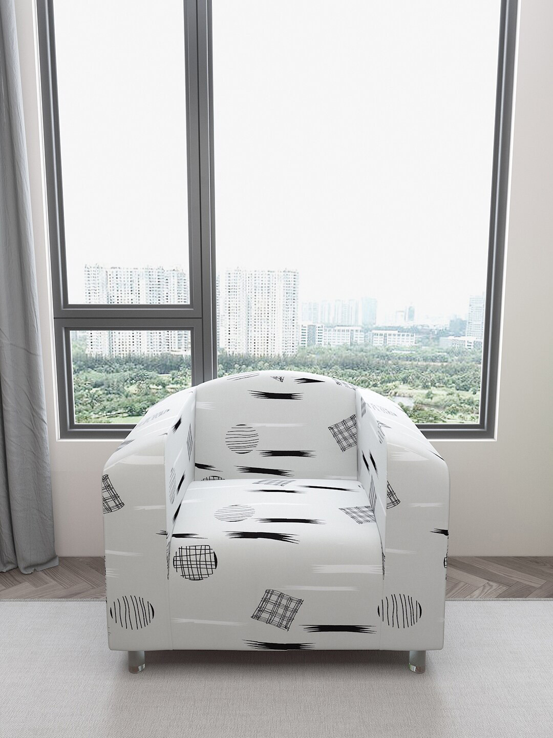 DREAM CARE Grey & Black Printed One Seater Flexible Sofa Cover With Arms