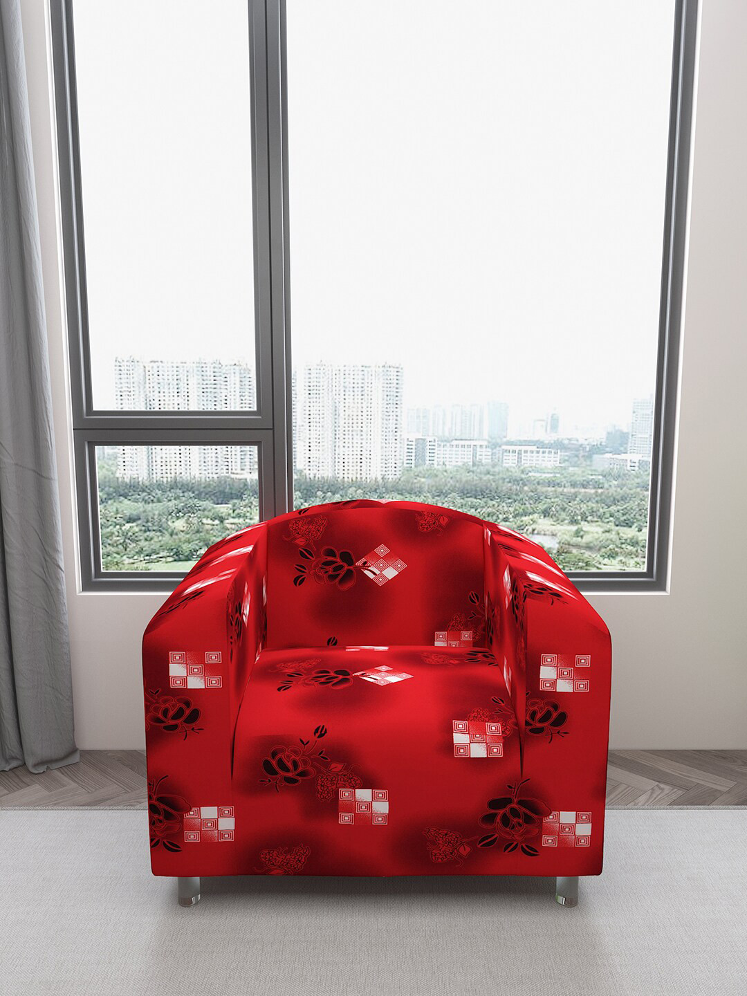 DREAM CARE Maroon & Black Printed One Seater Flexible Sofa Cover With Arms