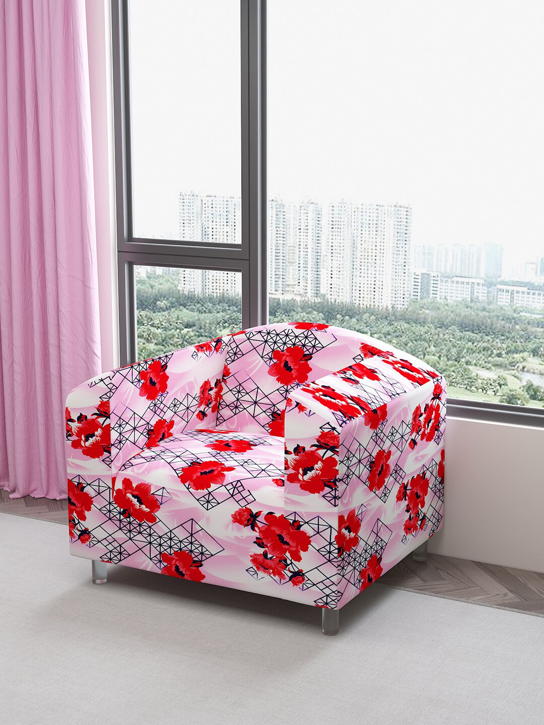 DREAM CARE Pink & Red Floral Printed Waterproof 1-Seater Sofa Cover With Anti Slip Foam Sticks