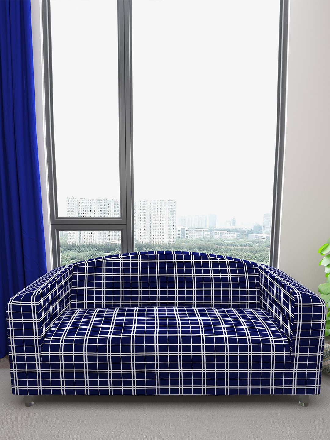 DREAM CARE Blue & White Checked Waterproof & Flexible 3-Seater Sofa Cover
