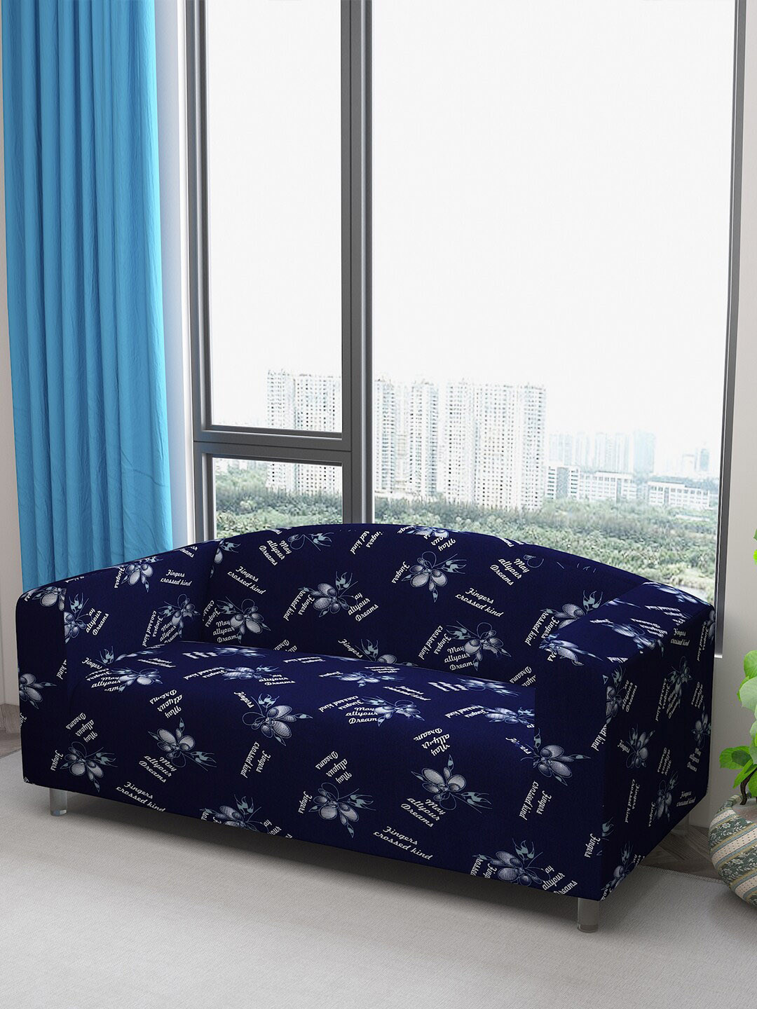 DREAM CARE Navy-Blue & White Printed Waterproof 3-Seater Sofa Cover With Anti Slip Foam Sticks