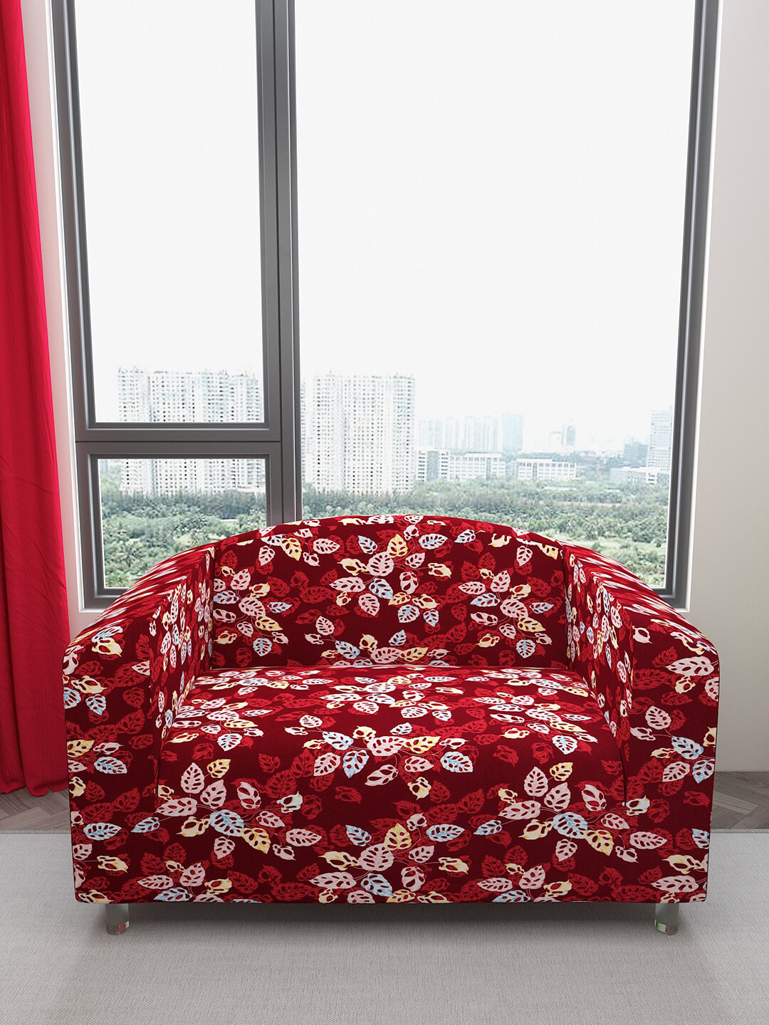 DREAM CARE Maroon & Blue Printed Waterproof & Flexible 2-Seater Sofa Cover