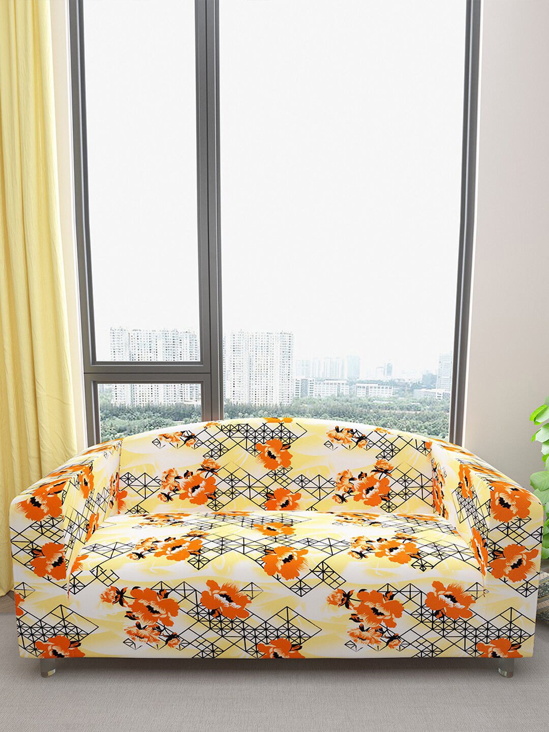 DREAM CARE Yellow & Orange-Colored Floral Printed Waterproof & Flexible 3-Seater Sofa Cover
