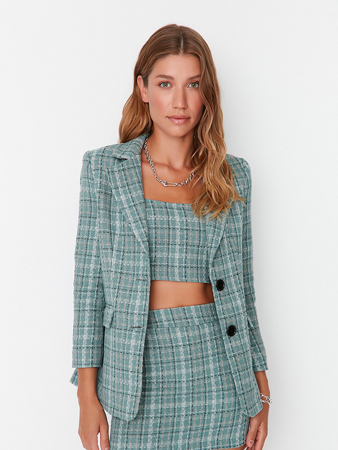 Trendyol Checked Cotton Notched Collar Single Breasted Blazer