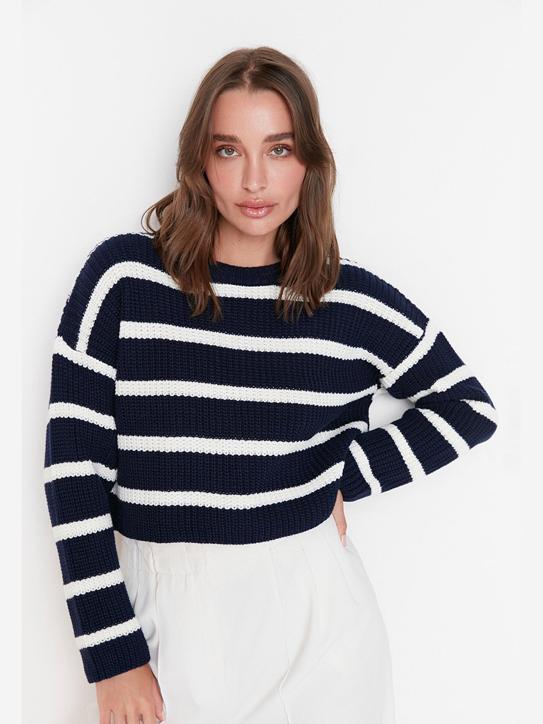 Trendyol Pure Acrylic Striped Drop Shoulder Sweatshirt