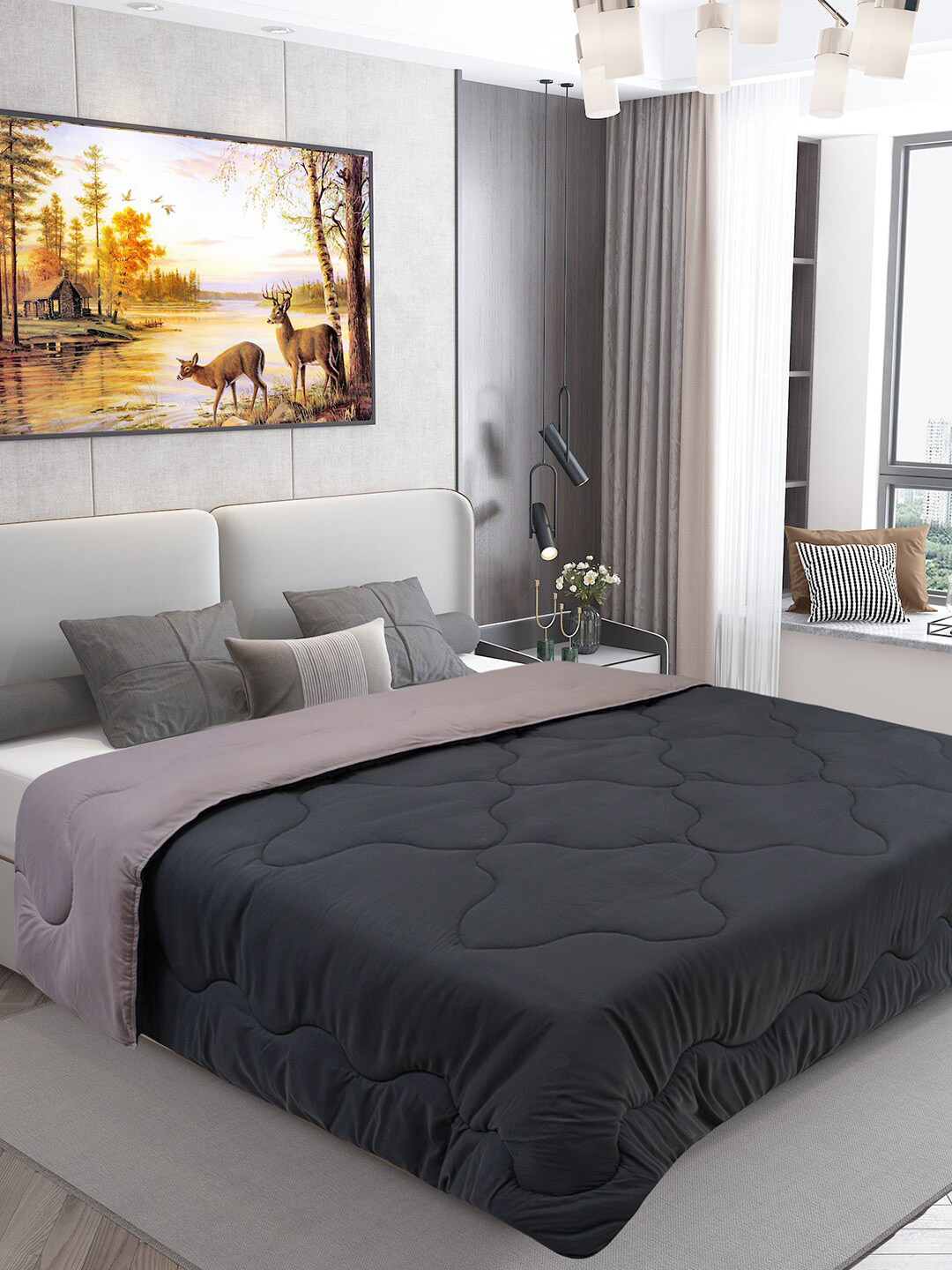 DREAM CARE Grey & Grey Microfiber Reversible AC Room 450 GSM Single Bed Comforter