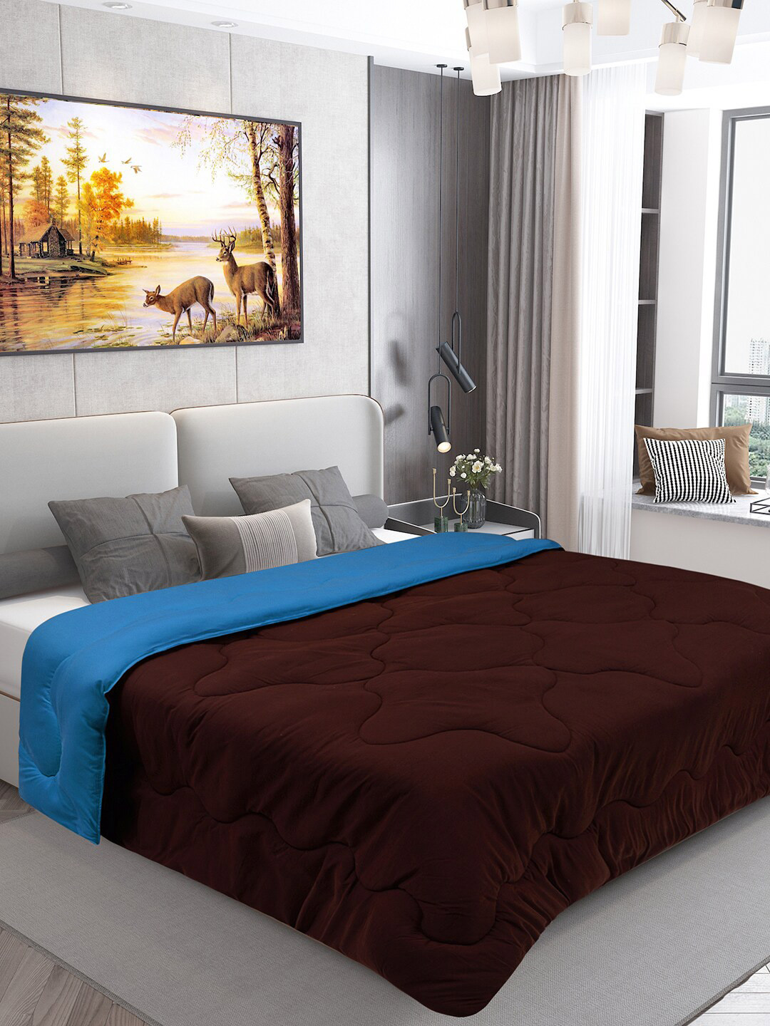 DREAM CARE Teal & Coffee Brown Microfiber Reversible AC Room 450 GSM Single Bed Comforter