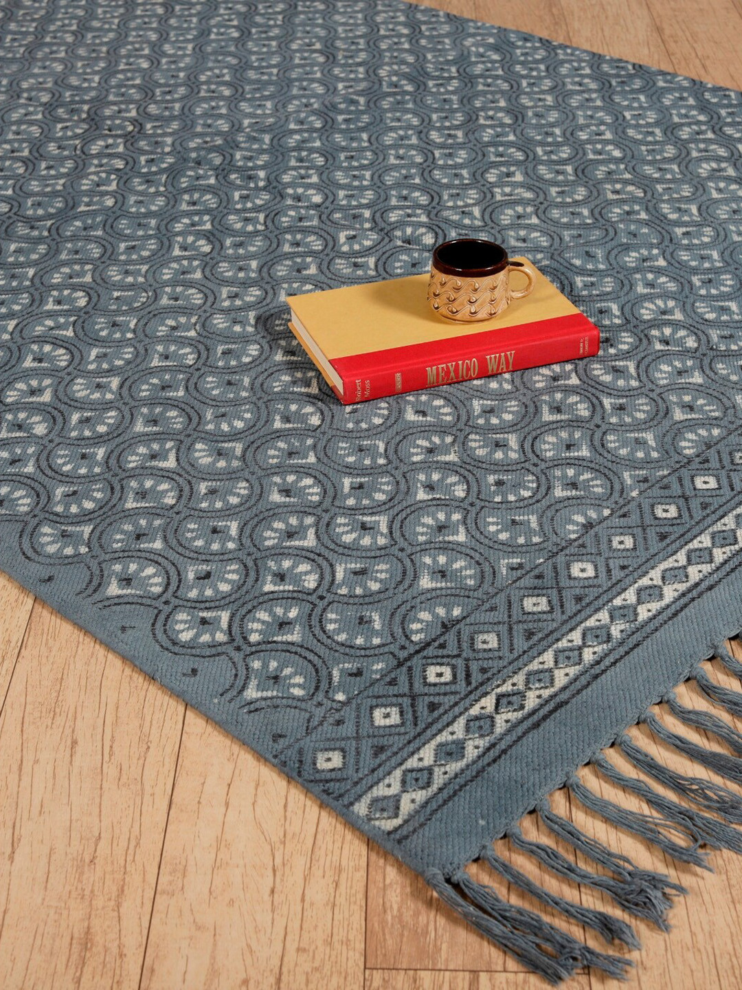 HANDICRAFT PALACE Grey Hand Block Printed Cotton Carpet