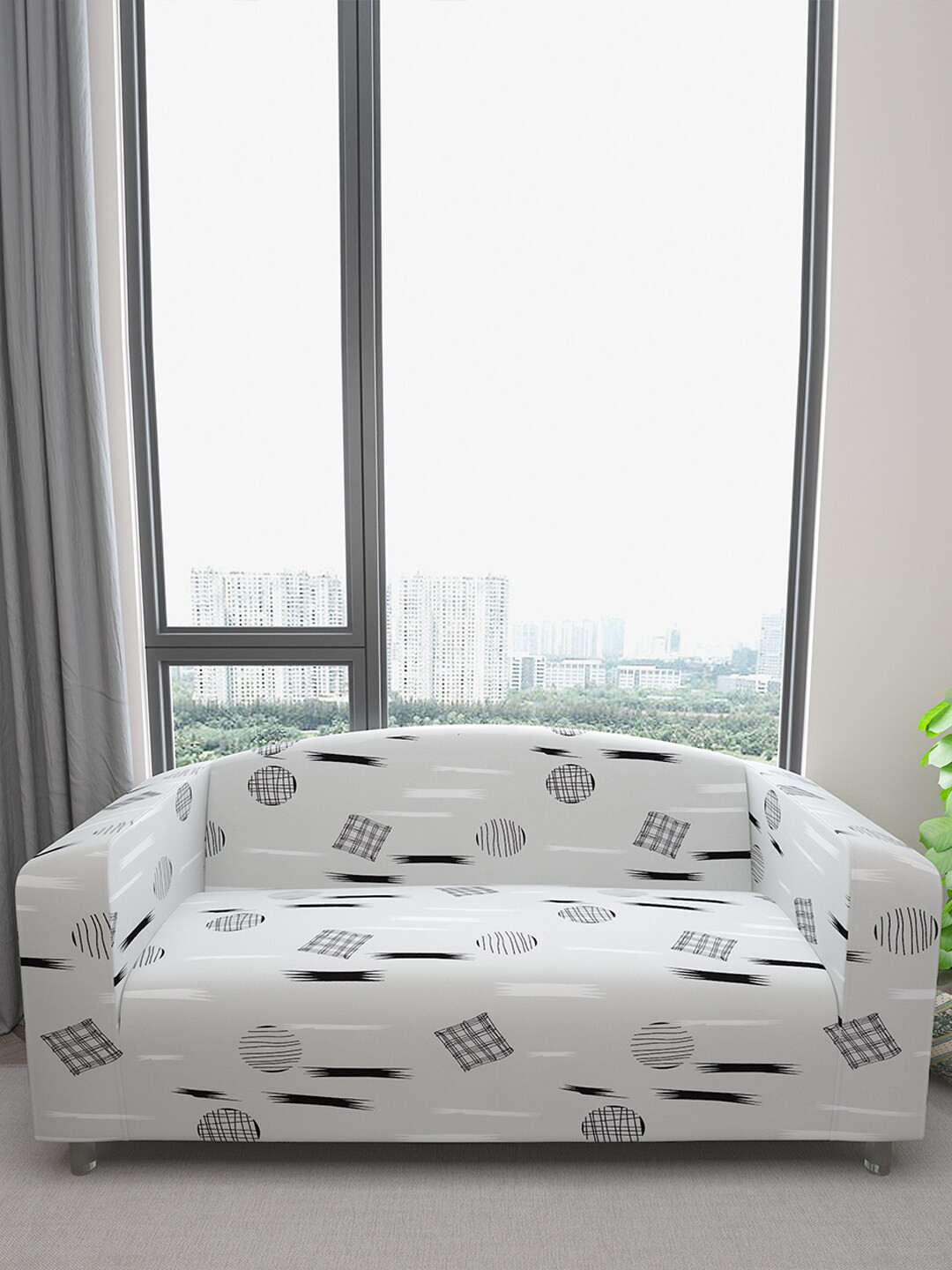 DREAM CARE Grey & Black Printed 3-Seater Flexible Sofa Cover With Arms
