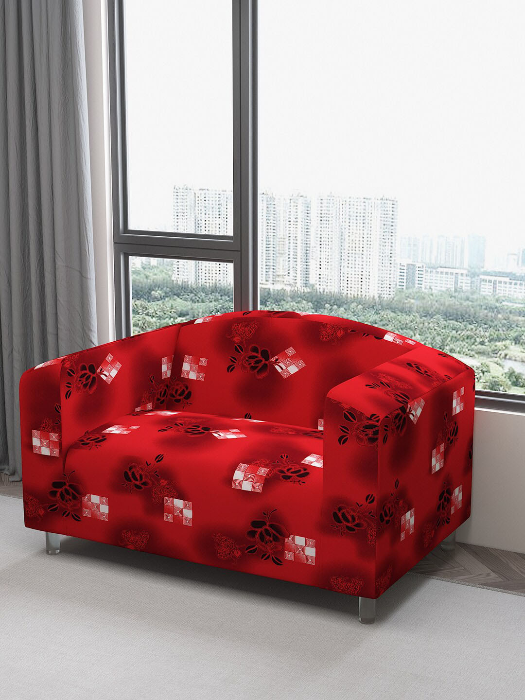 DREAM CARE Maroon & White Printed Two Seater Flexible Sofa Cover With Arms