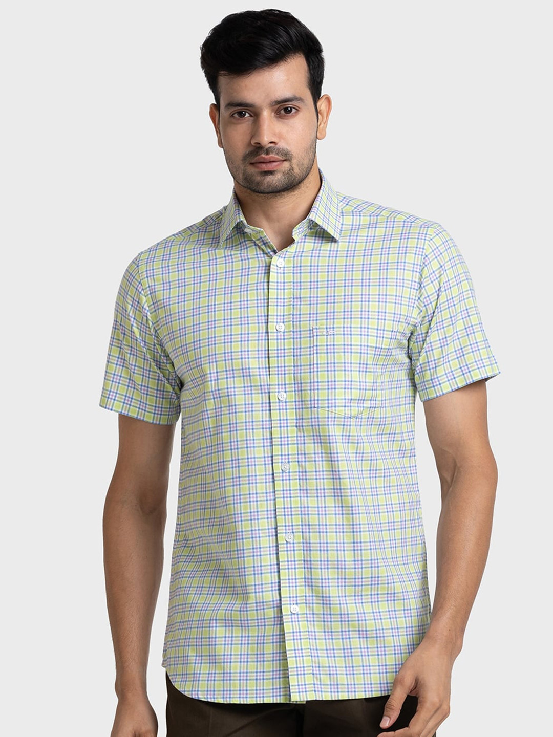ColorPlus Tailored Fit Grid Tattersall Checks Checked Pure Cotton Casual Shirt