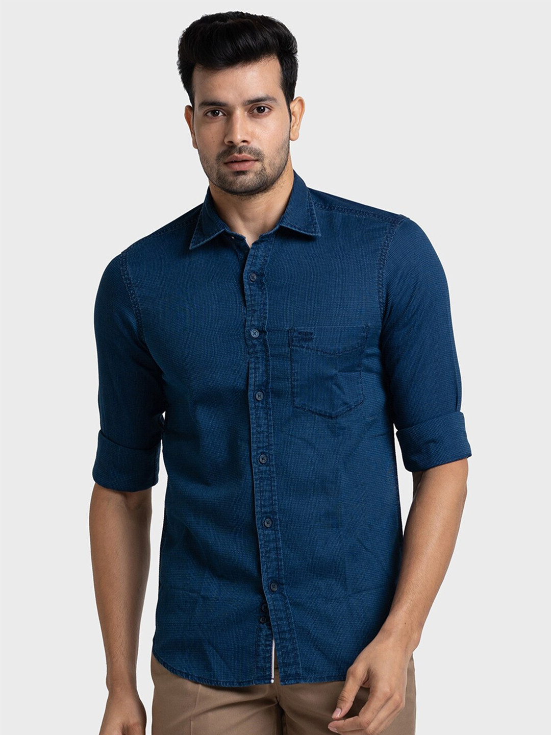 ColorPlus Indigo Spread Collar Pure Cotton Tailored Fit Shirt