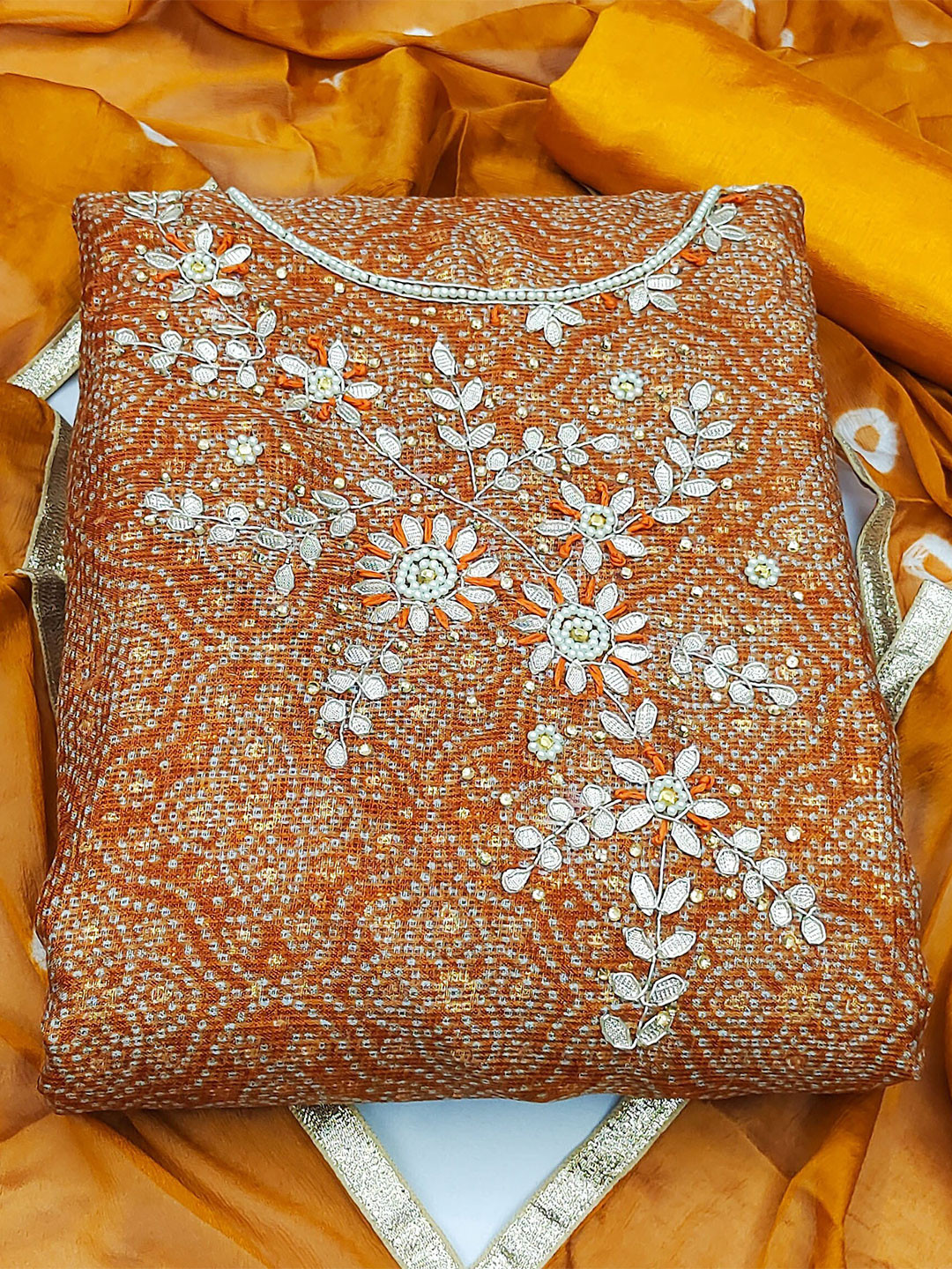 KALINI Bandhani Embroidered Pure Cotton Unstitched Dress Material