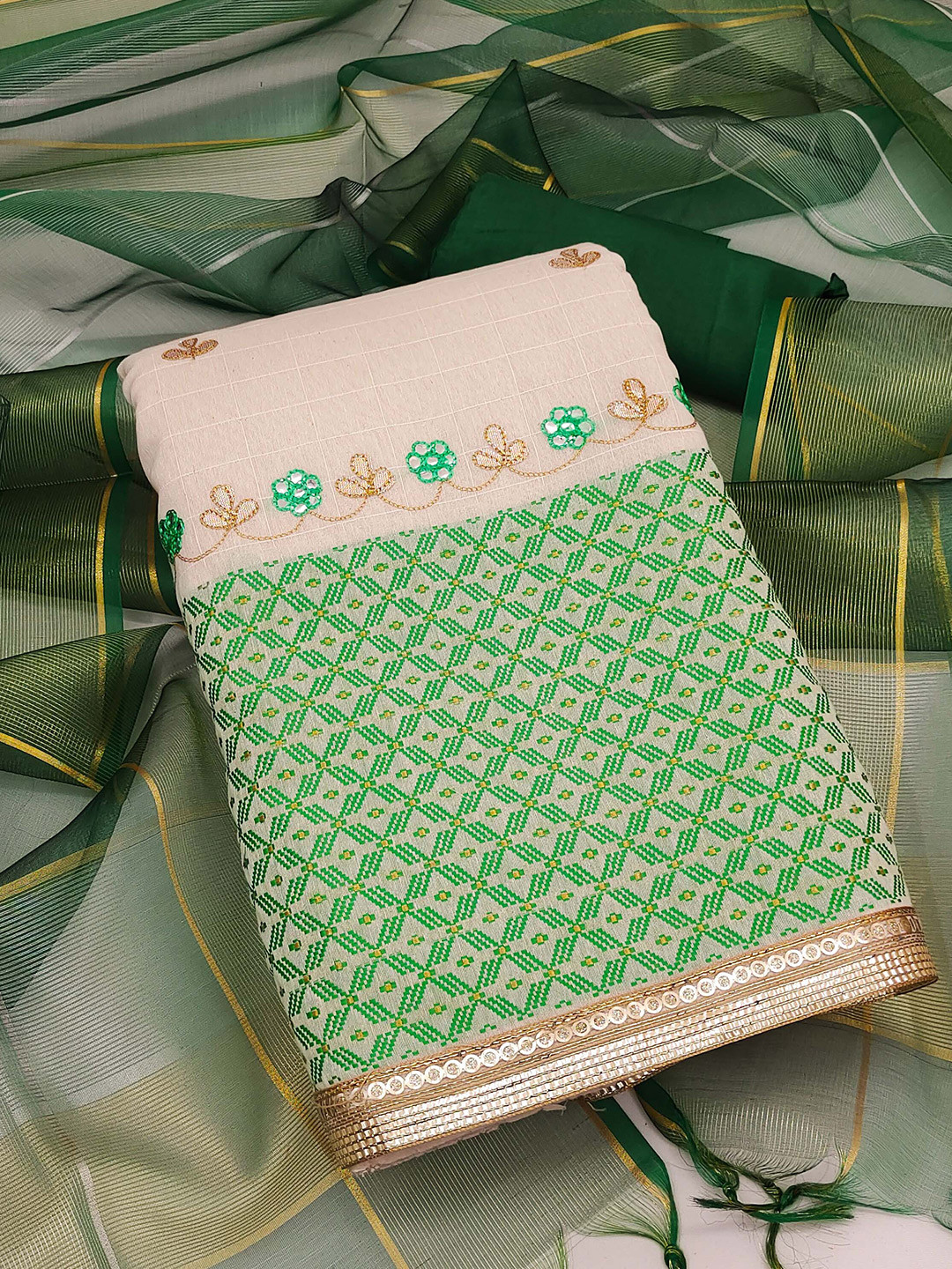 KALINI Ethnic Motifs Embroidered Mirror Work Unstitched Dress Material