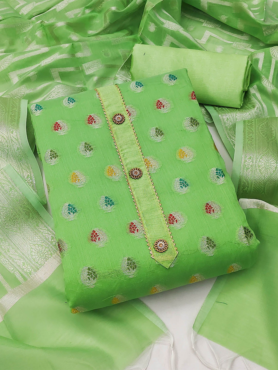 KALINI Green & Red Unstitched Dress Material