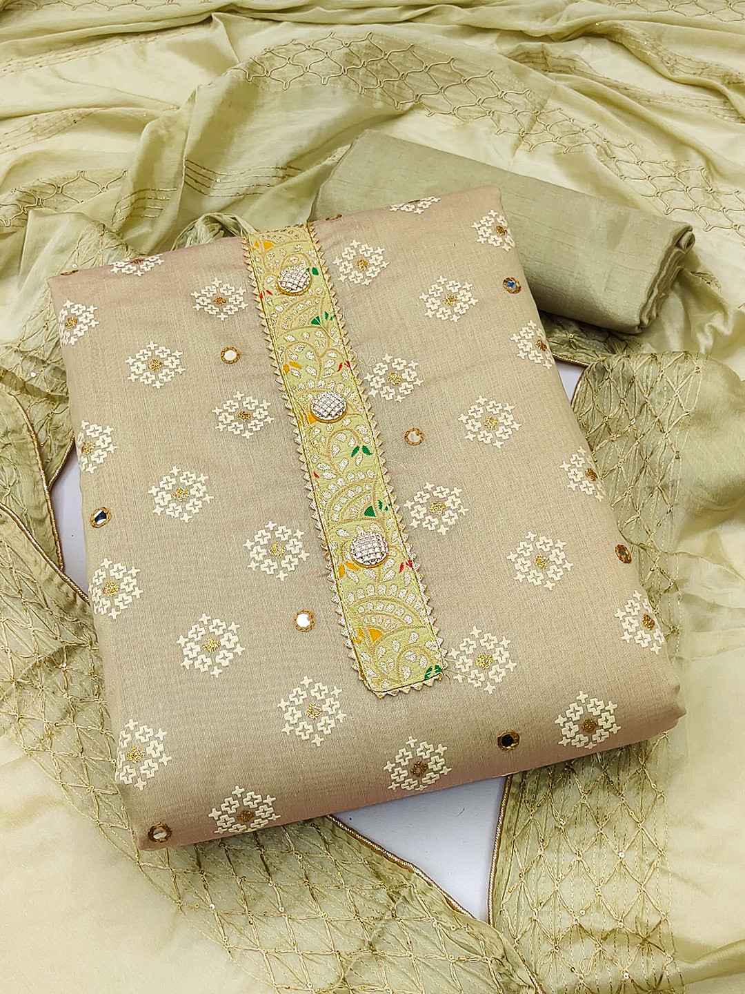 KALINI Mirror Work Embroidered Unstitched Dress Material