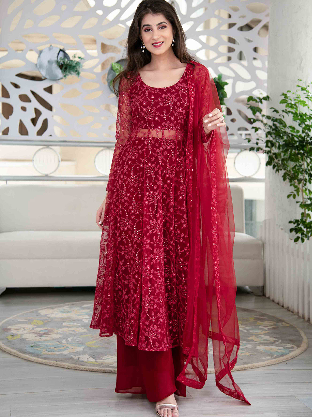 Label Shaurya Sanadhya Ethnic Motifs Embroidered Sequinned Kurta with Palazzos & Dupatta