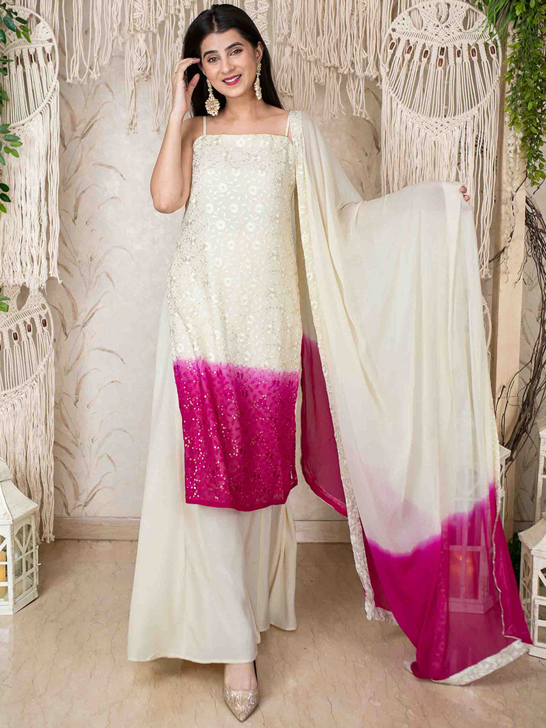 Label Shaurya Sanadhya Floral Embroidered Chikankari Kurta with Palazzos & Dupatta