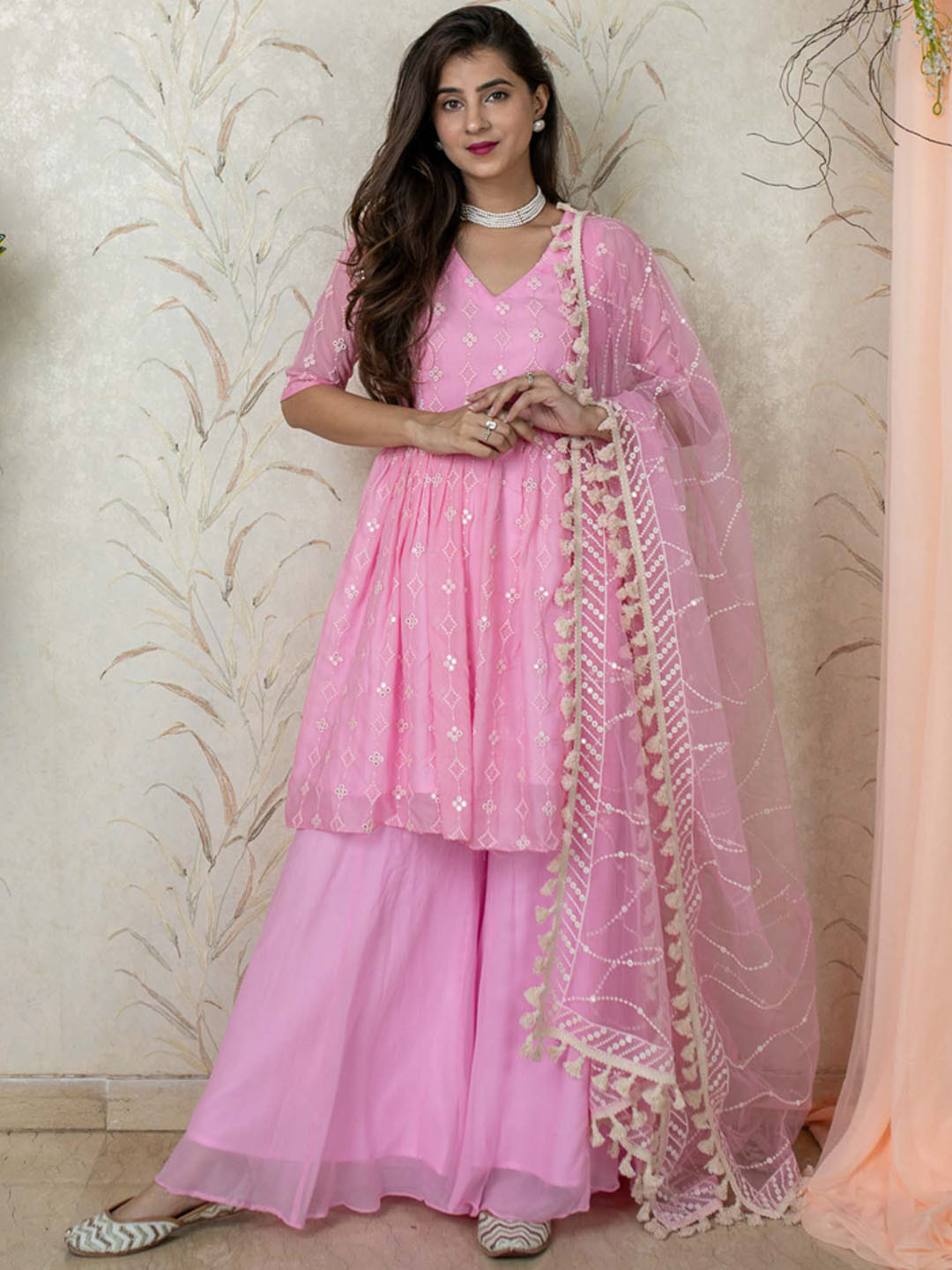 Label Shaurya Sanadhya Ethnic Motifs Embroidered Mirror Work Kurta with Palazzos & Dupatta