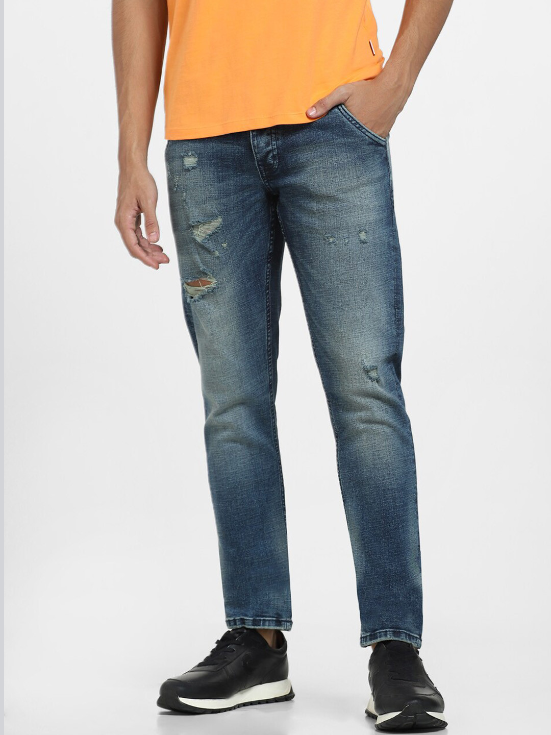 Jack & Jones Men Slim Fit Low-Rise Mildly Distressed Heavy Fade Cotton Jeans