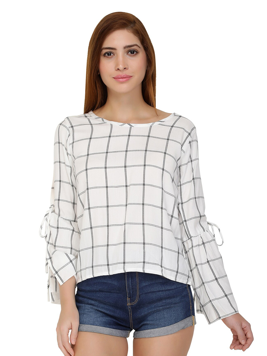 CHIMPAAANZEE Windowpane Checked Long Bell Sleeves Top