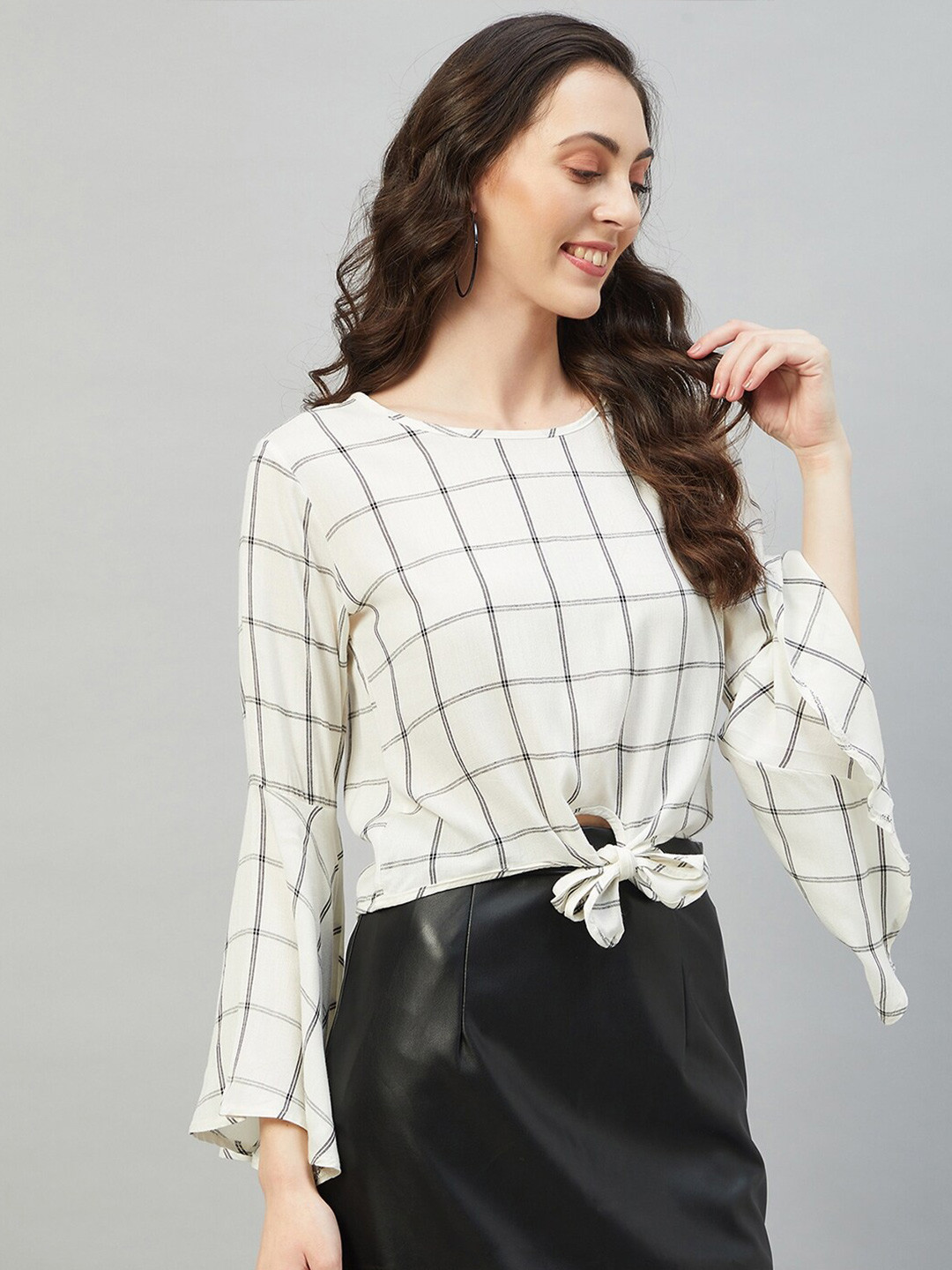 CHIMPAAANZEE Checked Bell Sleeves Crop Top