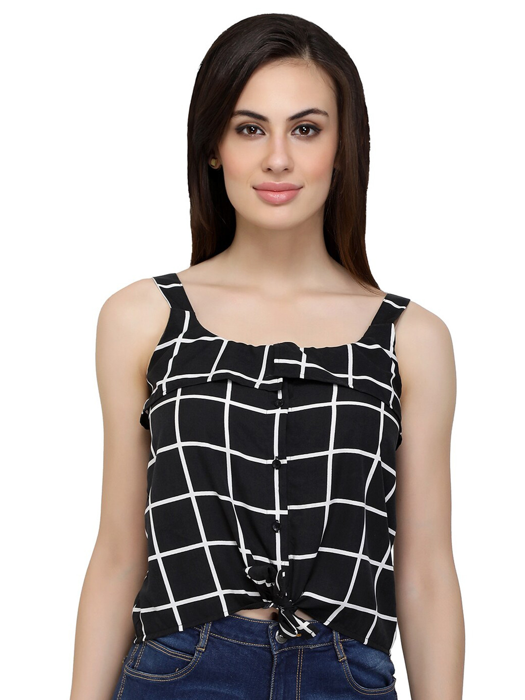 CHIMPAAANZEE Black & White Checked Square Neck Sleeveless Top
