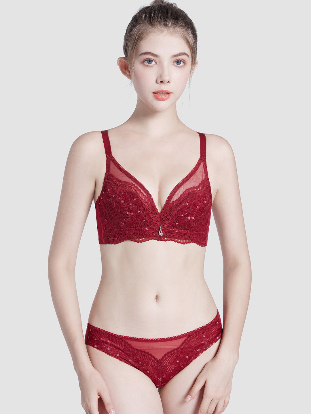 JC Collection Self-Design Lace Lingerie Set LS-QR-6068-Red-32B