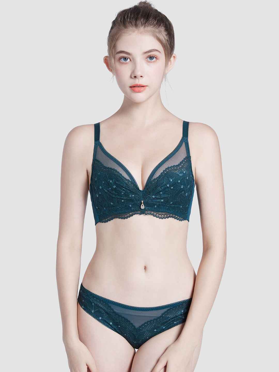 JC Collection Self-Design Lingerie Set LS-QR-6068-Green-32B