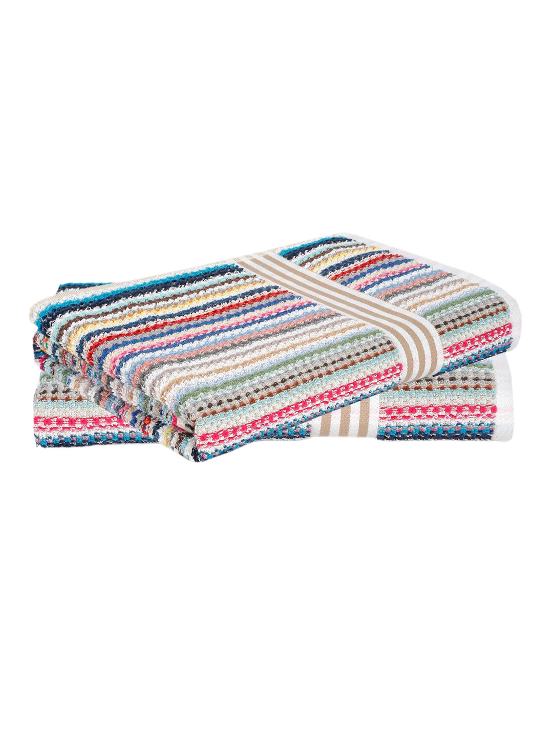 Creeva Blue & Beige 2 Pcs Striped Pure Cotton Popcorn Weave Bath Towels