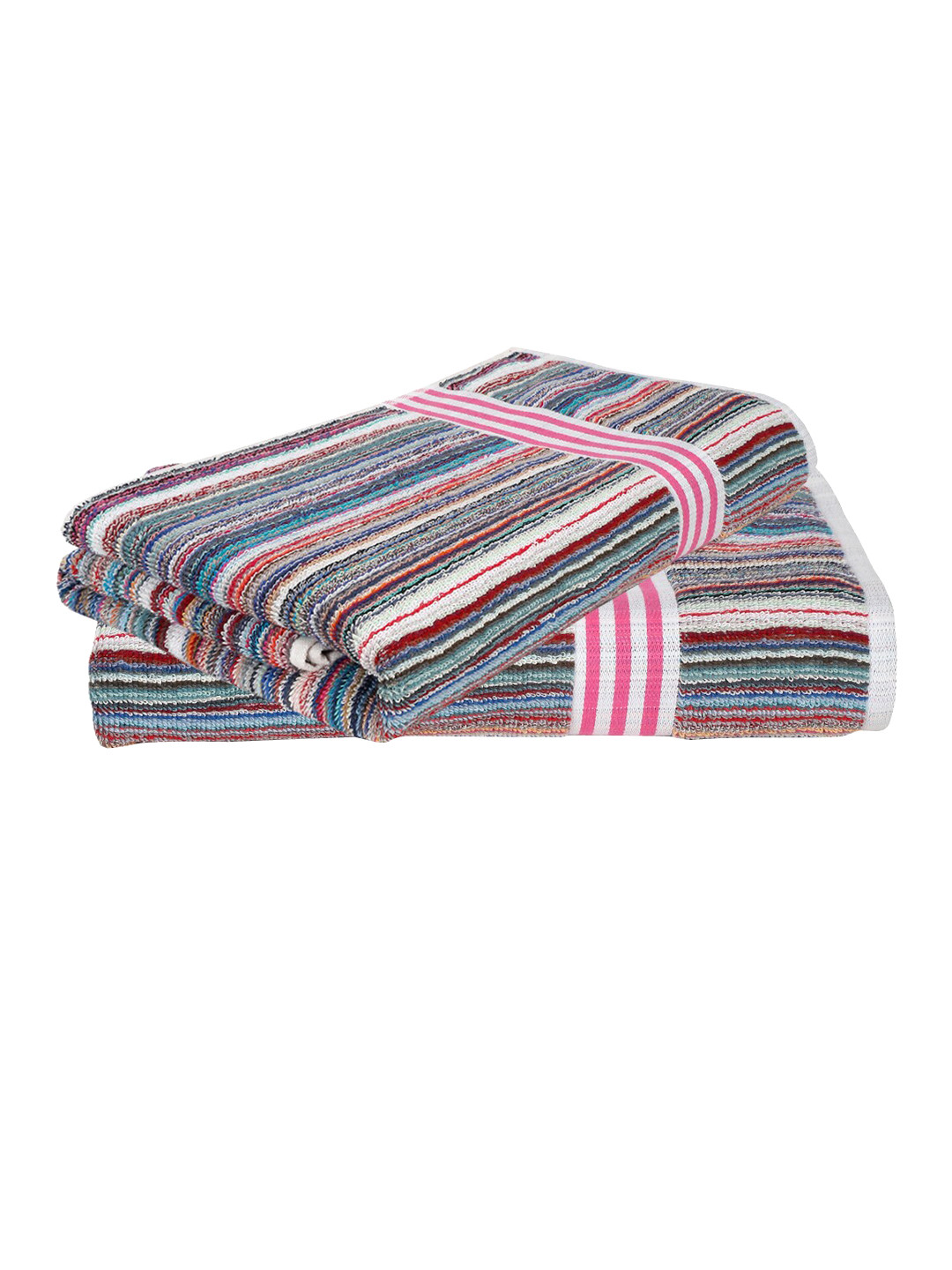 Creeva Pink & White 2 Pcs Striped Pure Cotton Popcorn Weave Bath Towel