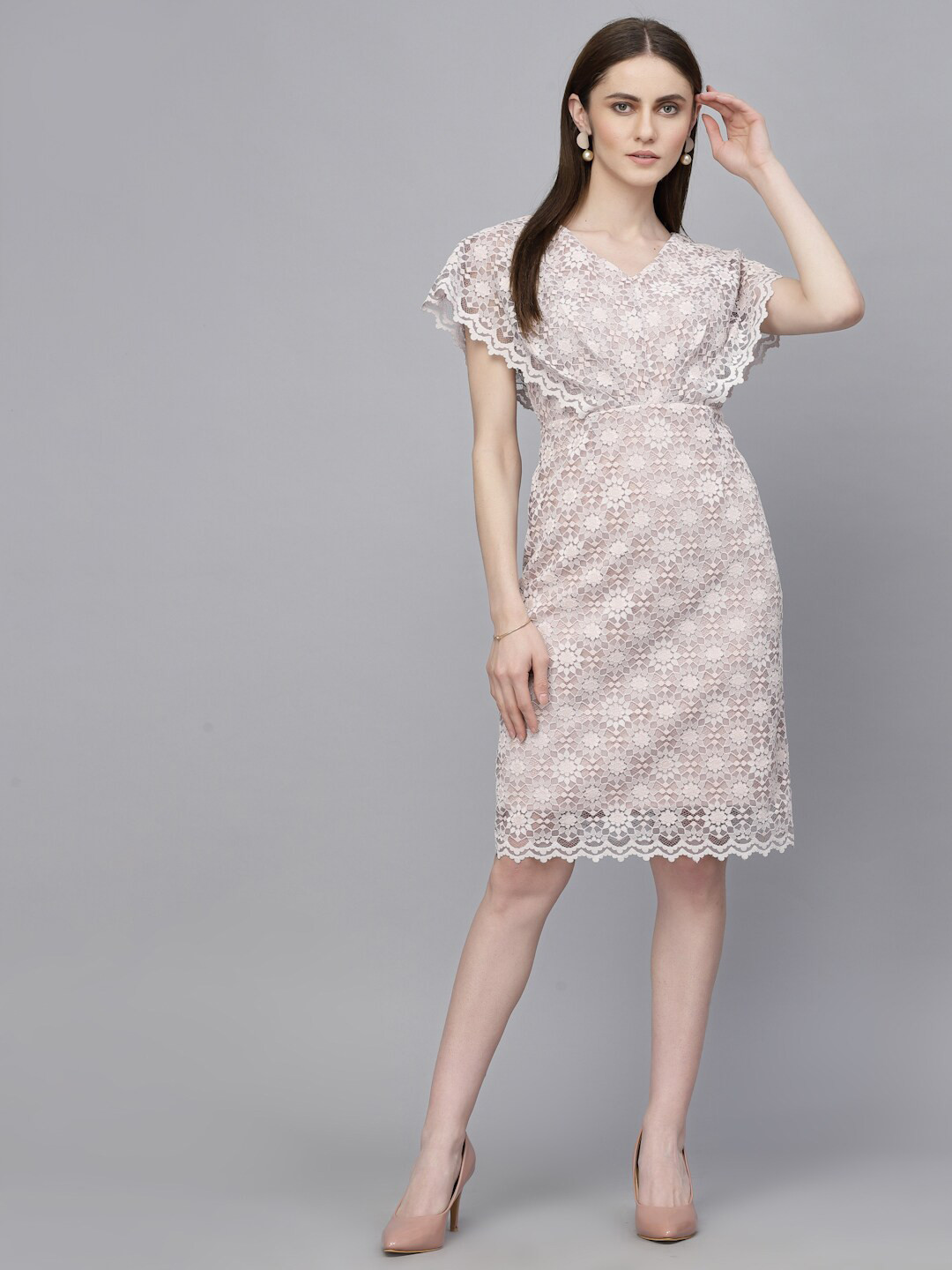Gipsy Self Design Flared Sleeves Net Sheath Dress