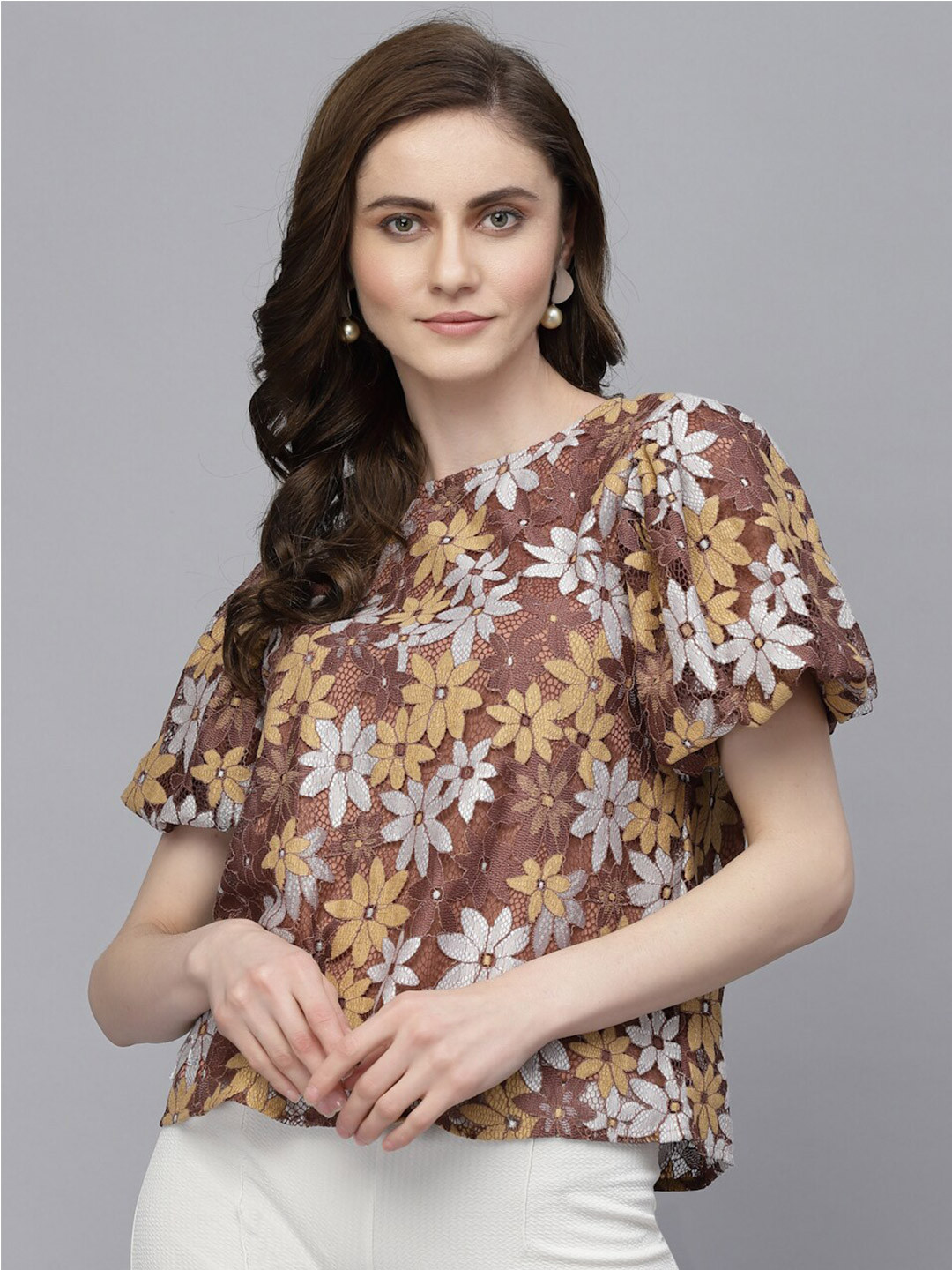 Gipsy Self Design Puff Sleeves A-Line Top